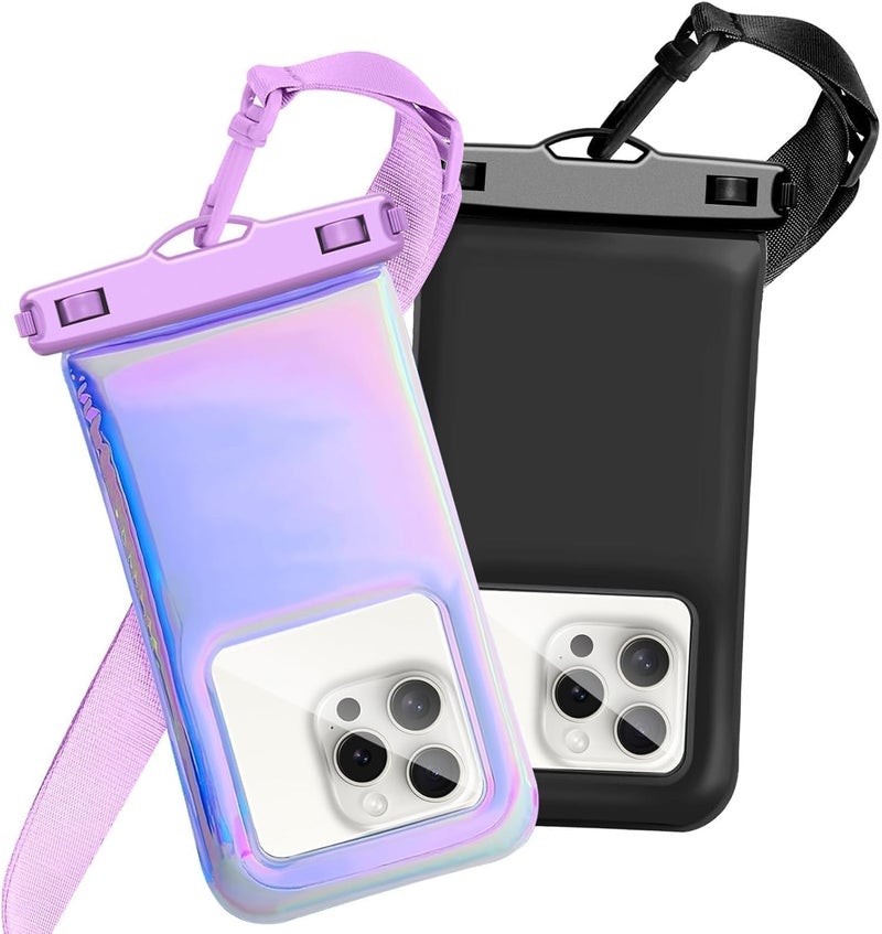 Foweroty Floatable Waterproof Phone Pouch Case 2 Pax for iPhone 17 16 Pro Max/15/14/13/12,IP68 Travel Cellphone Dry Bag Beach Cruise Ship Essentials Bags with Crossbody Lanyard, Iridescent Purple and Black-7″ - Image 1
